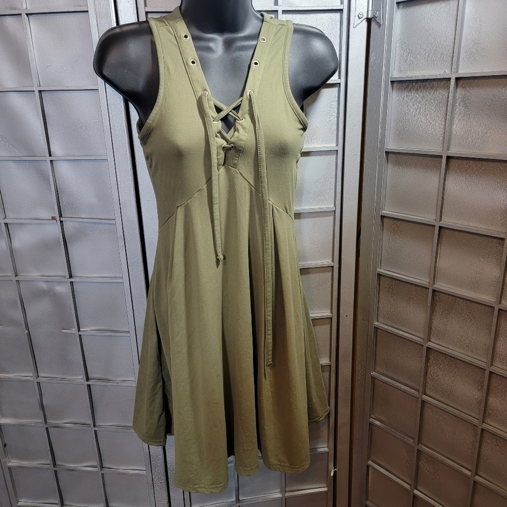 Hot Kiss small tank top dress with front tie and metal eyelets. Army green